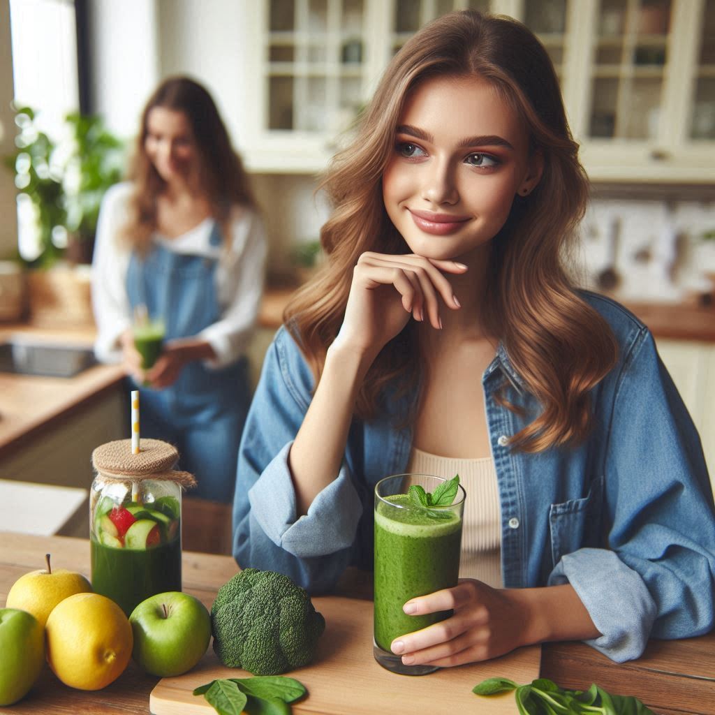 moça tomando um copo de Smoothie Verde na cozinha da casa